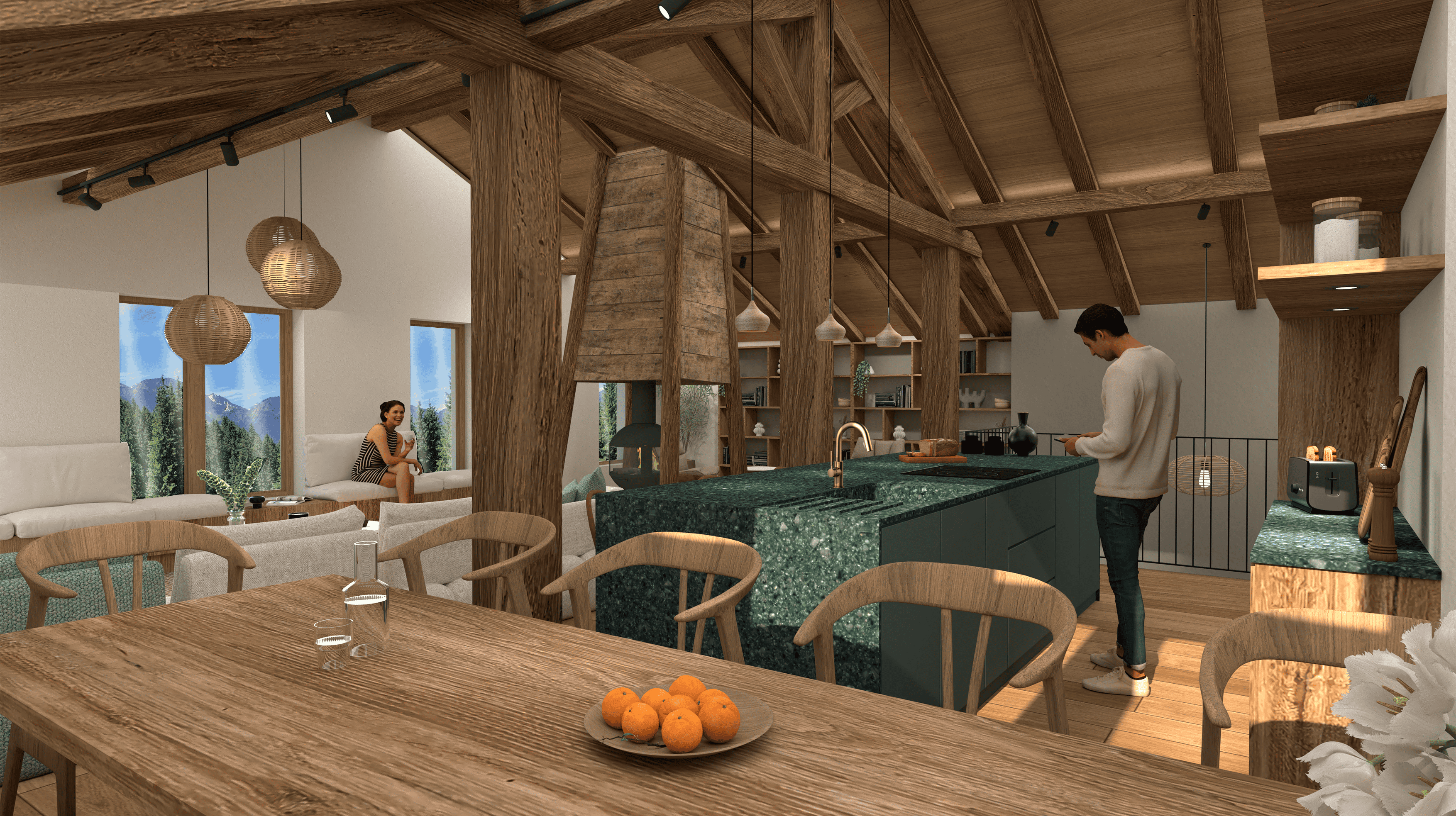 Photo d'une cuisine ouverte avec poutres en bois et espace convivial.