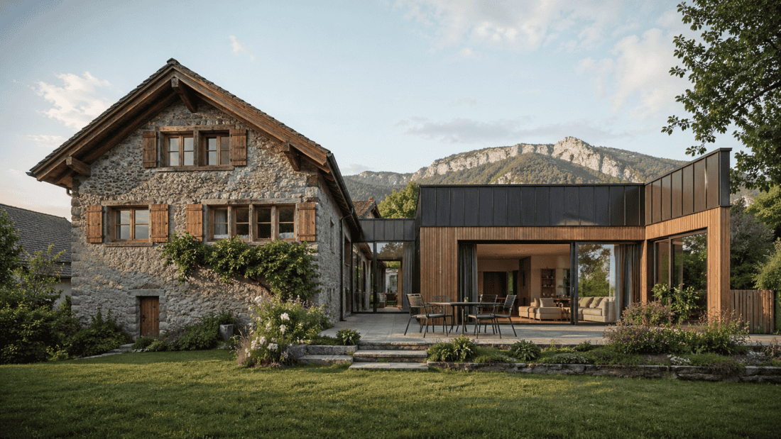 Extension maison en Haute-Savoie avec architecture moderne et traditionnelle.