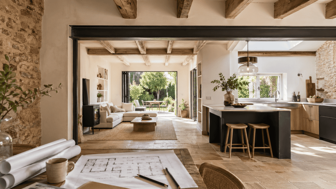 Espace intérieur lumineux et moderne avec grandes fenêtres et décoration chaleureuse.